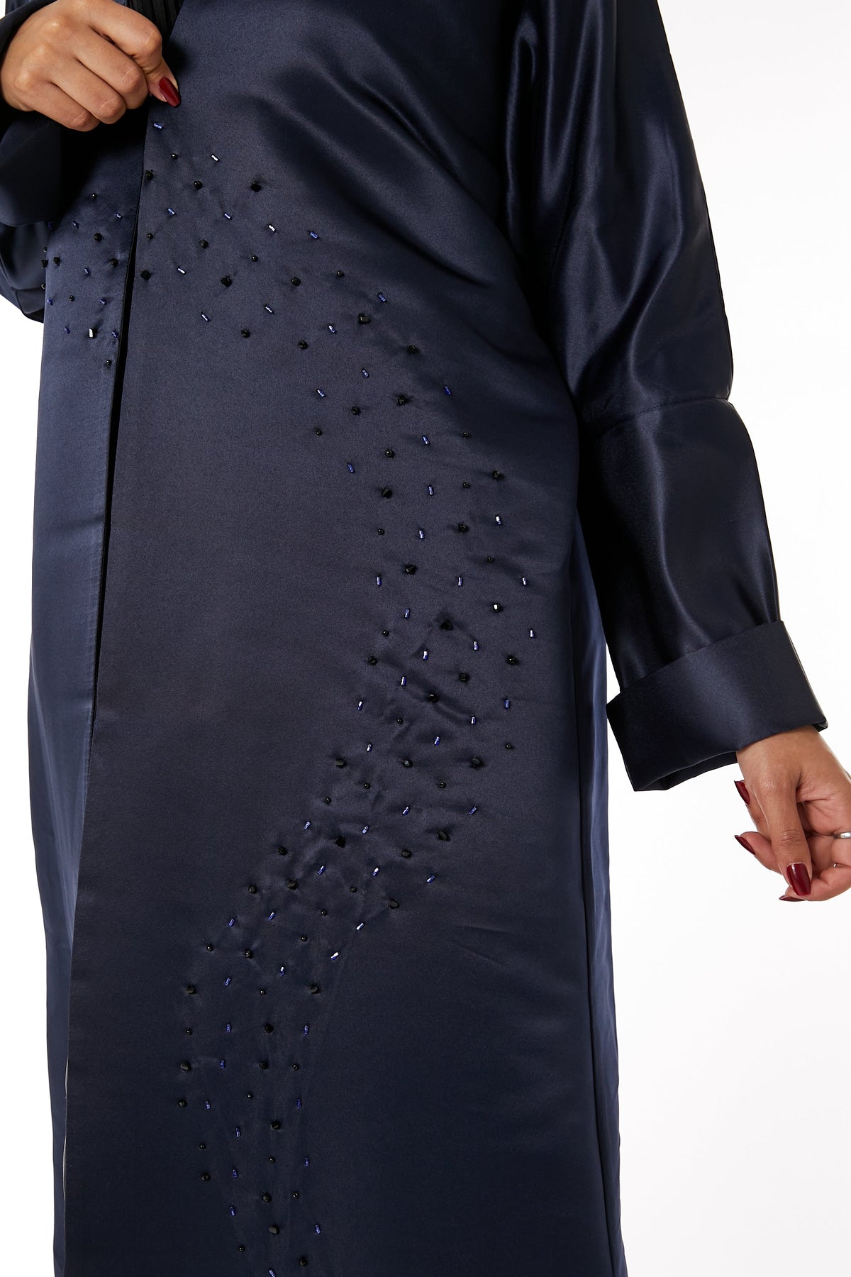 MOiSTREET Navy Bridal Satin Embellished Open Abaya