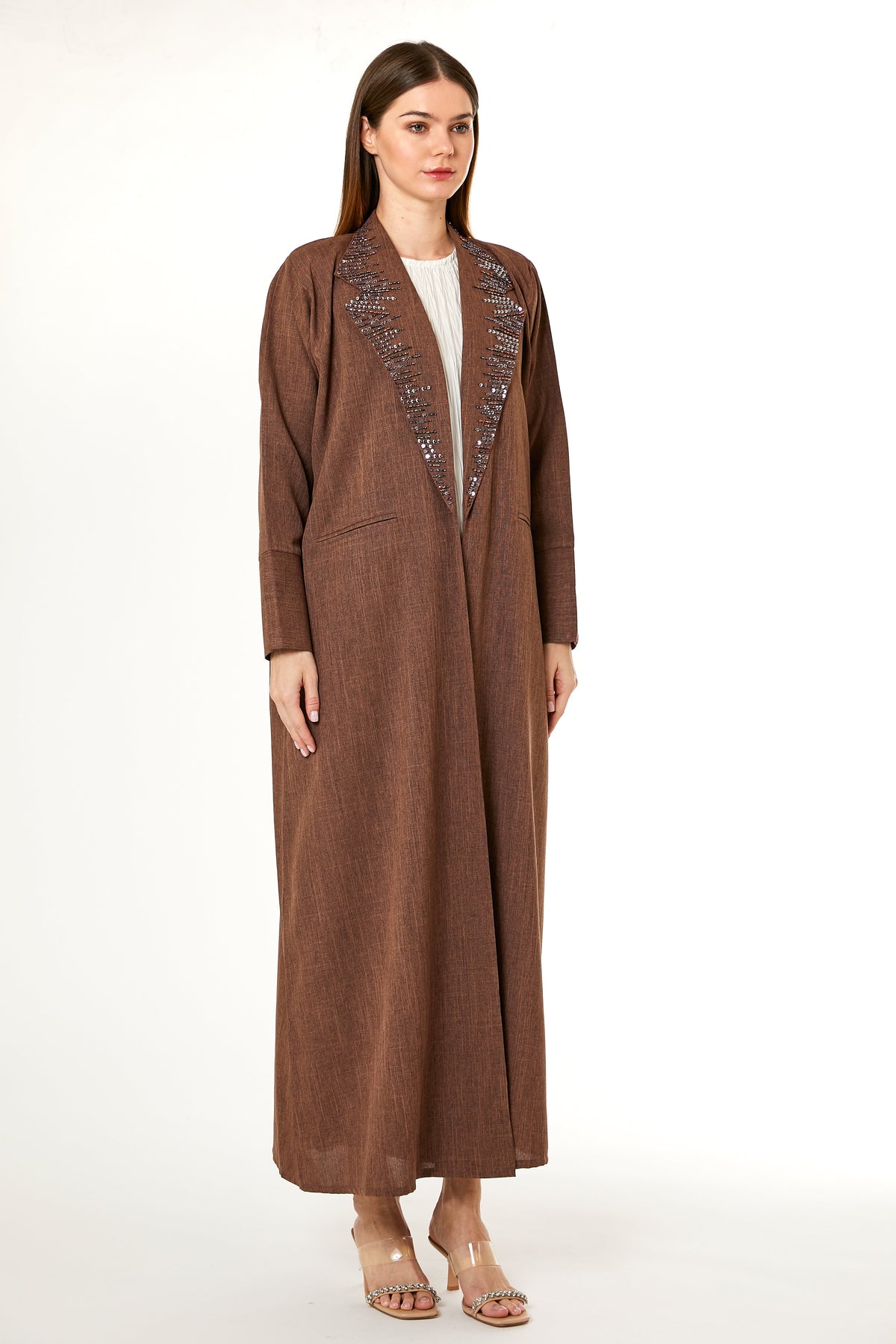 MOiSTREET Brown Melange Hand Embellished Abaya