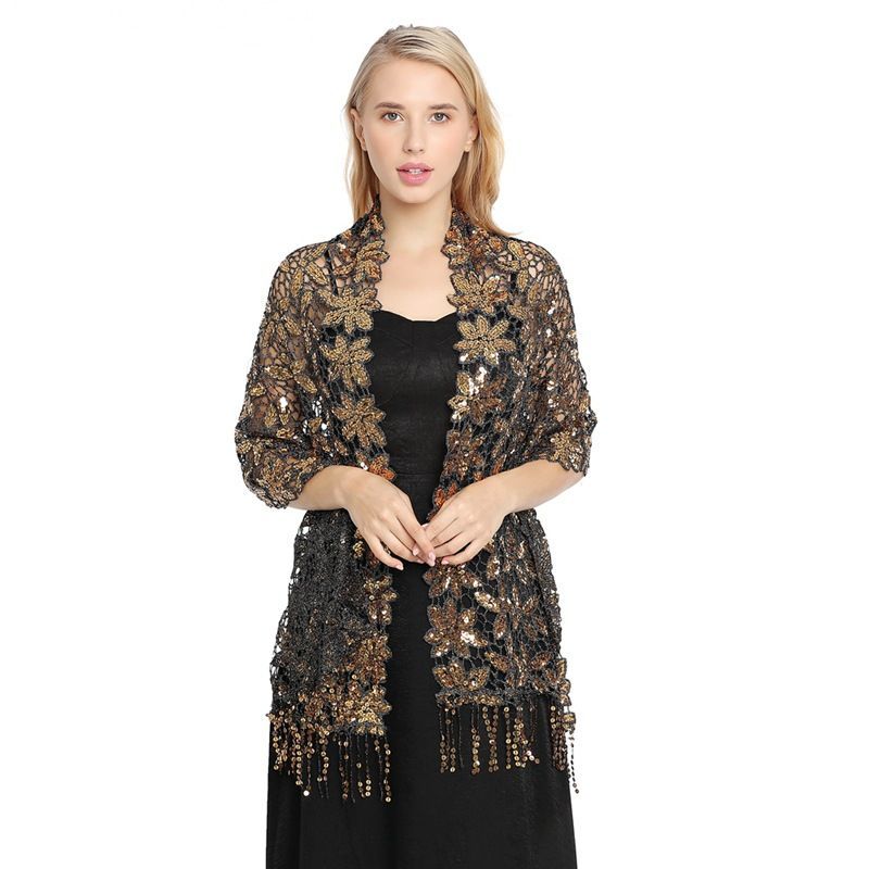 Black Gold Sequin Fringe Shawl Wrap for Women Evening