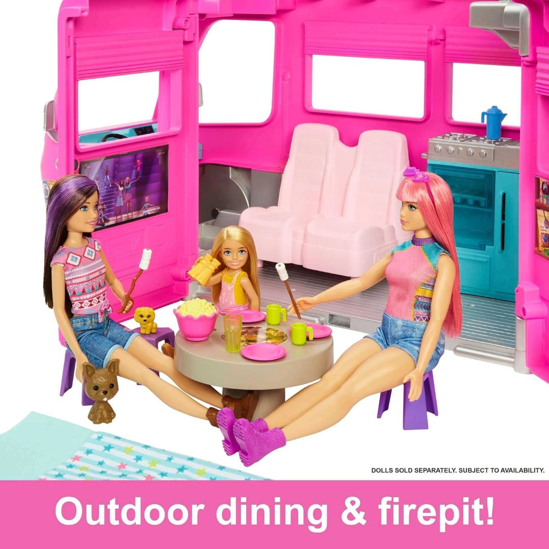 Barbie Dream Camper Playset, Doll Camper with 30 Inch Slide, 7 Play Areas & 60 Accessories