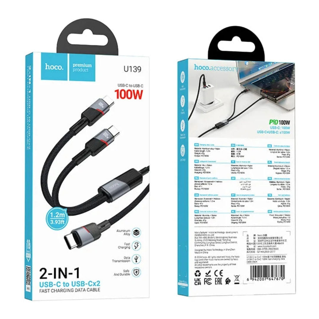 Hoco U139 2-in-1 USB-C to 2 × USB-C 100W Fast Charging Data Cable, 1.2m