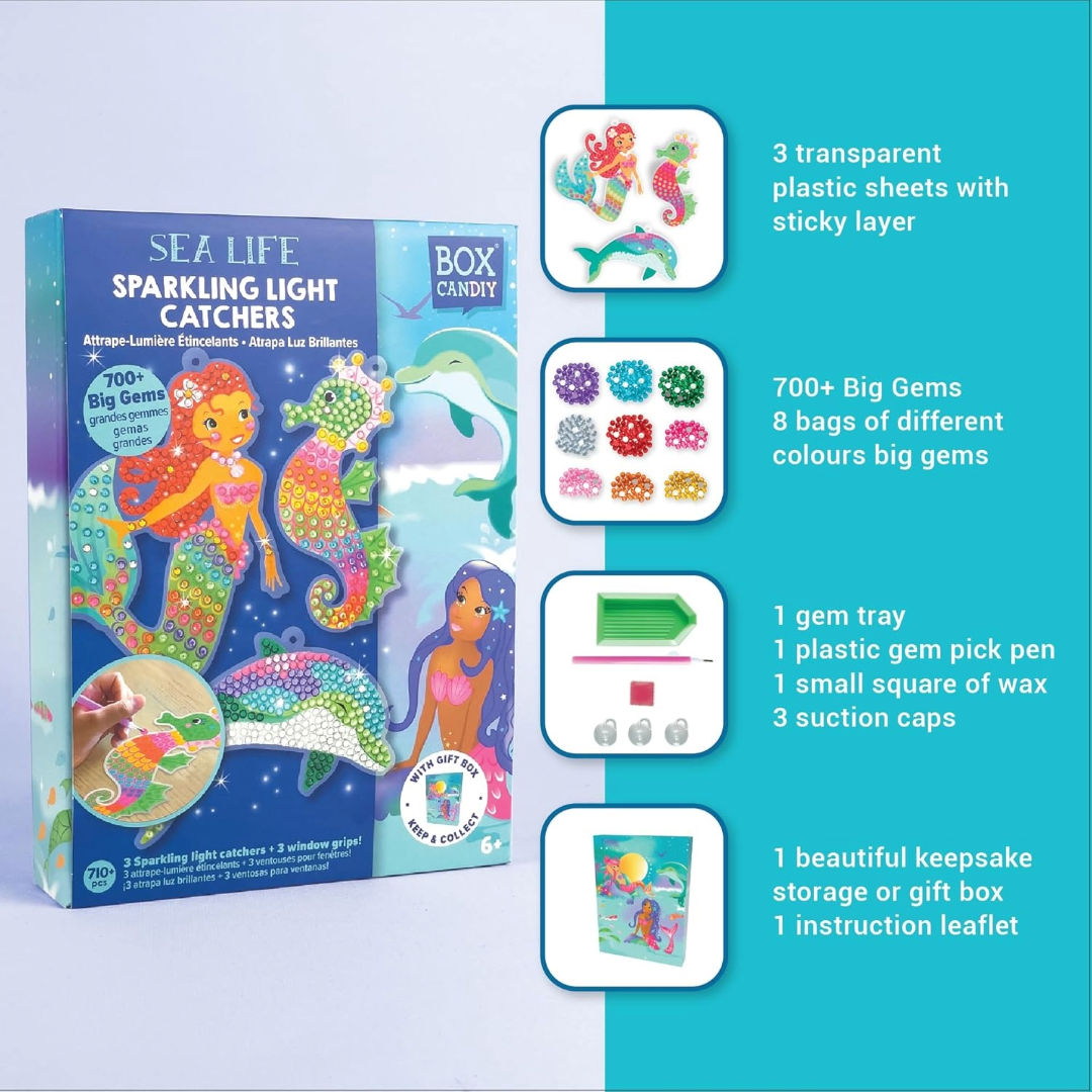 Box CanDIY Sea Life Sparkling Light Catchers Diamond Painting Craft Set (3 Pieces, 700+gems), 6+ years
