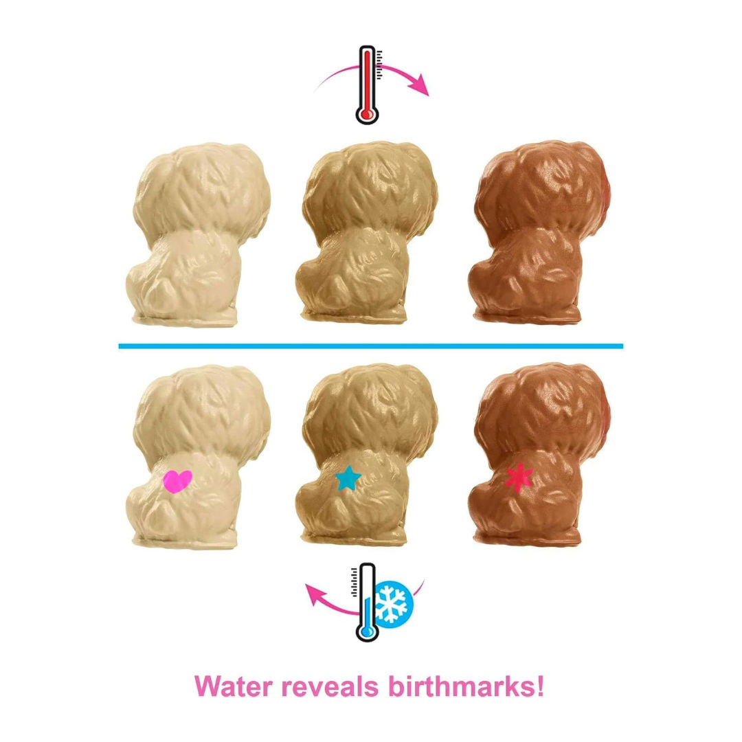 Barbie Doll & Pets Set, Blonde Doll with Mommy Dog, 3 Newborn Puppies, Color-Change Feature & Pet Accessories