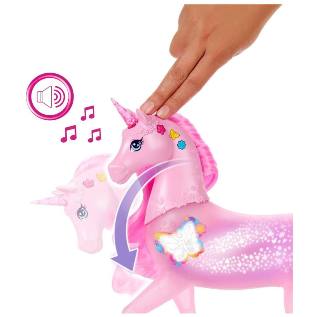 Barbie Sparkle Lights Interactive Unicorn Toys With 20 Interactive Combos Of Lights, Sounds & Music, Press Buttons & Pet Head To Play