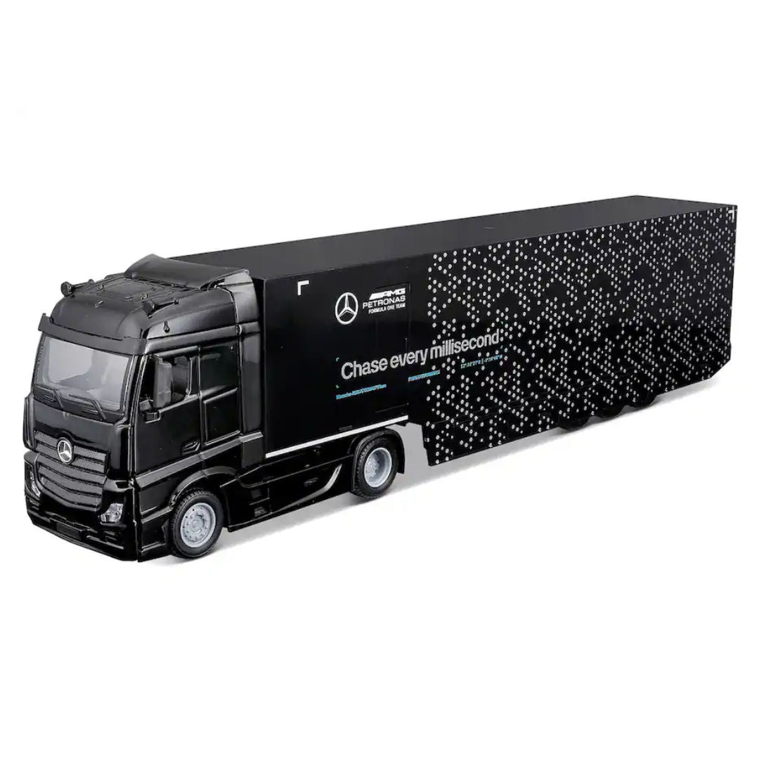 Bburago Mercedes-Benz Actros Gigaspace Racing Hauler With F1W15, Die-Cast Car, 1:43, Black