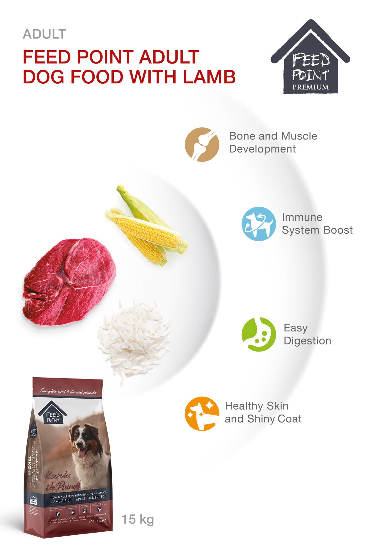 Feed Point Adult Dog Food with Lamb, Chicken & Rice, High Protein, Healthy Joints, Shiny Coat & Strong Immunity, Complete Balanced Nutrition, 15kg