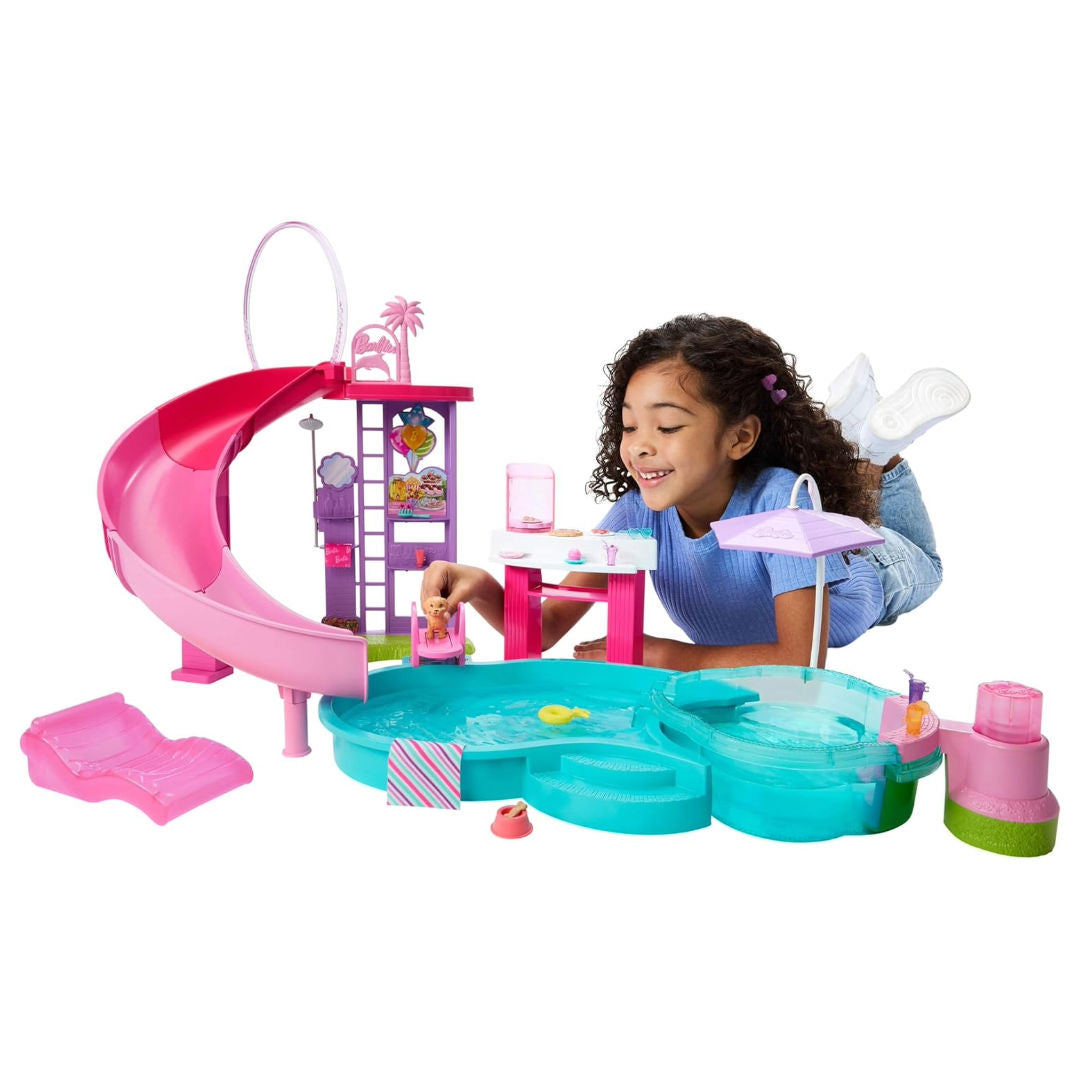 Barbie Dream Pool Playset, 6 Play Areas with Slide, Foaming Hot Tub & 20+ Accessories, Model JFP01