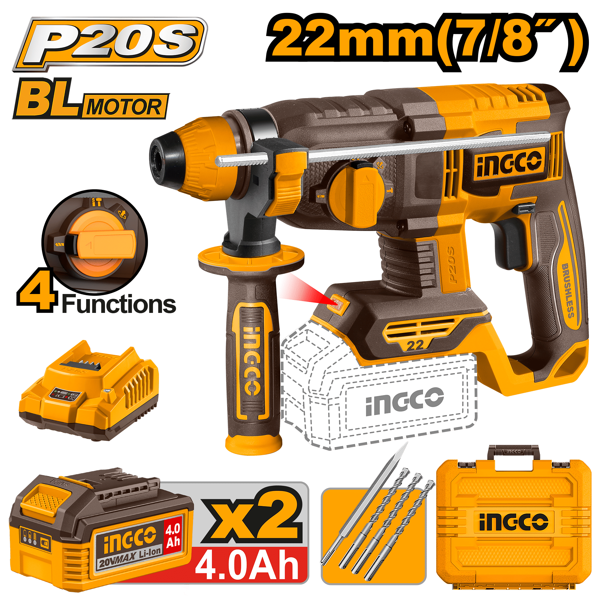 INGCO Cordless Rotary Hammer Drill 22mm SDS Plus 20V Brushless