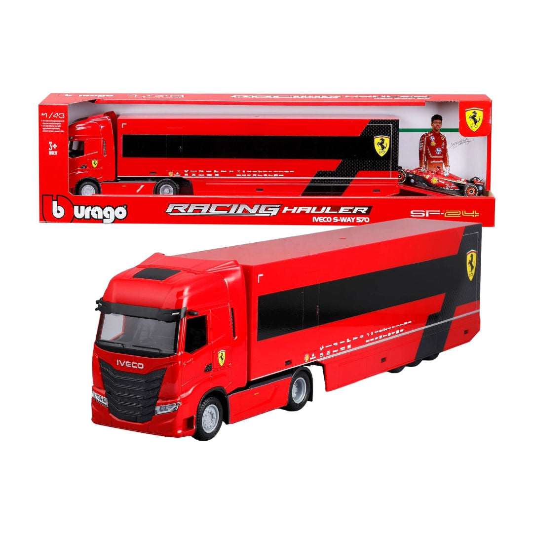 Bburago Racing Hauler Iveco S-Way 570 With Ferrari SF-24 Die-Cast Car ,1:43, Red