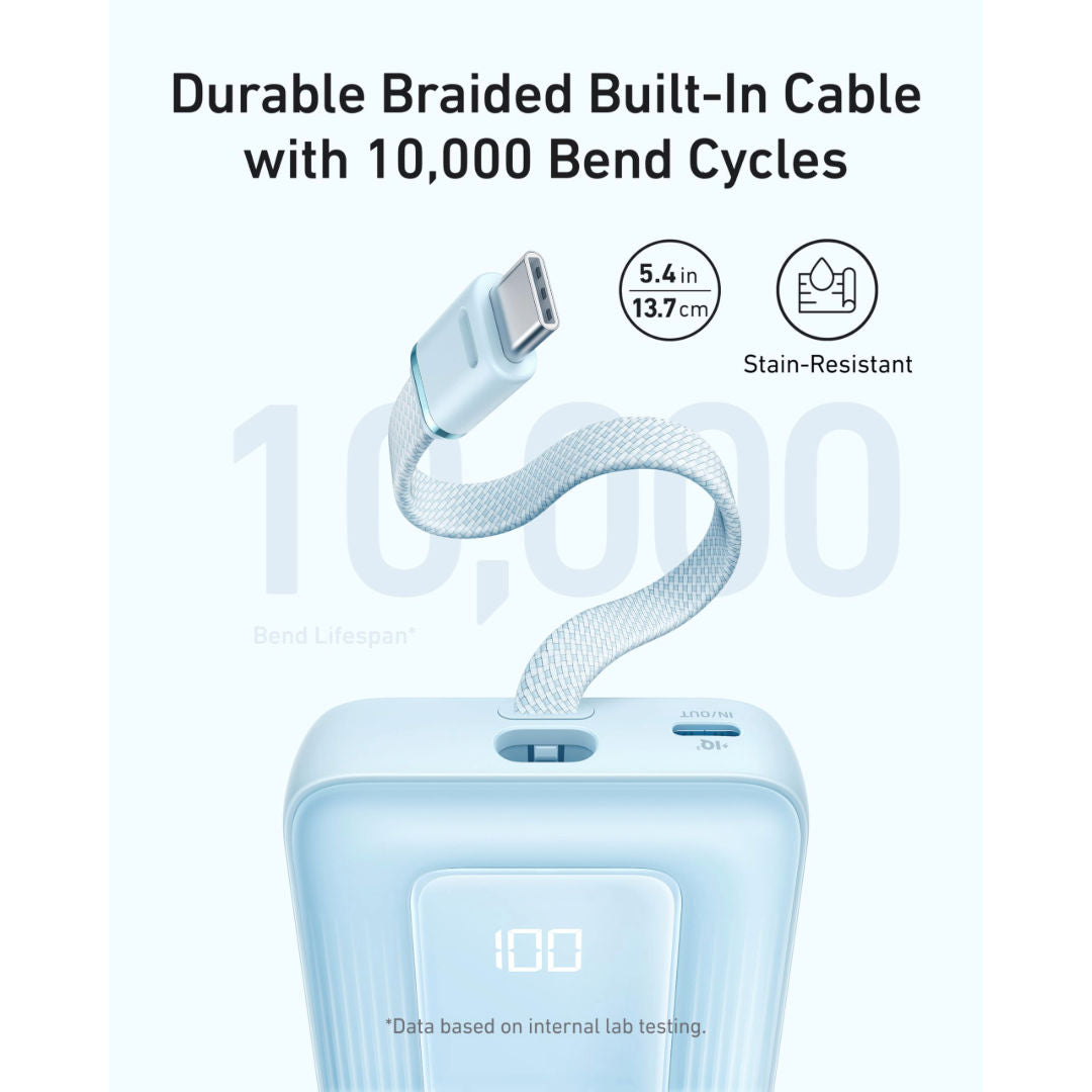 Anker 10,000mAh 30W Power Bank with Built-In USB-C Cable, Fast Charging, Compact Blue