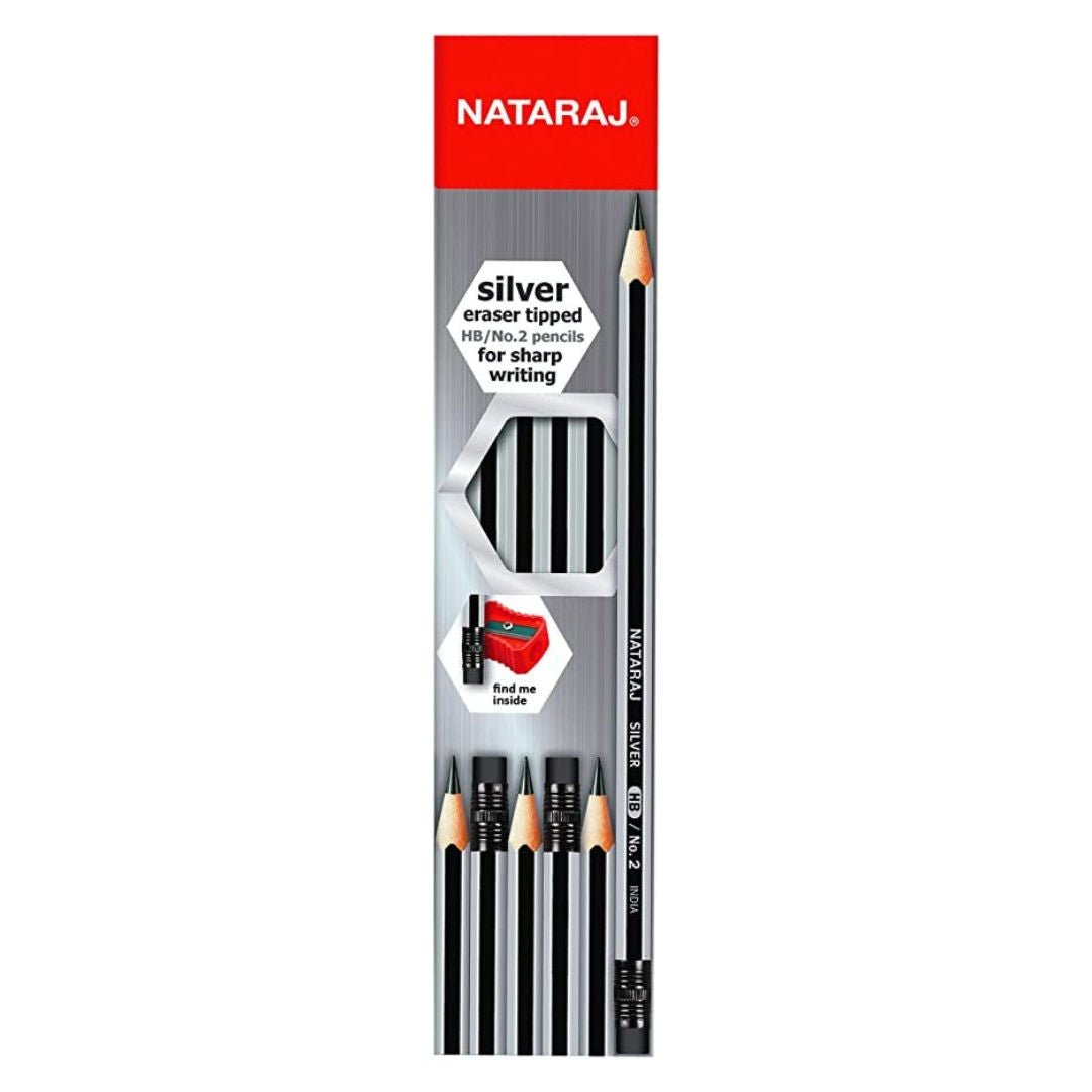Nataraj HB No.2 Silver Pencils, Pack of 12 with Sharpener & Eraser