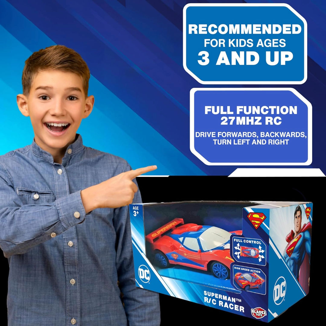 Bladez Toyz DC Superman Superman RC Racer Car 1:28, Red/Blue, 3+ years