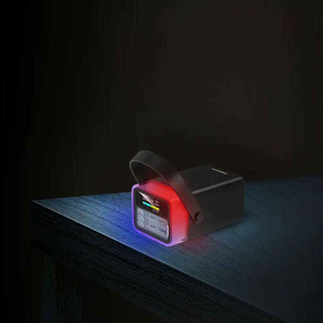 Powerology Halo Beam 40000mAh Power Bank with 65W PD Fast Charging, RGB 360° LED Light & Handle, Black
