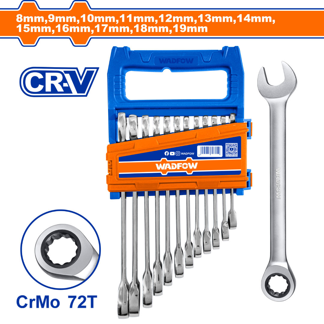 WADFOW 12 Pieces Ratchet Spanner Set, 8-19 mm, Cr-Mo ratchet, Fine-Polished Cr-V