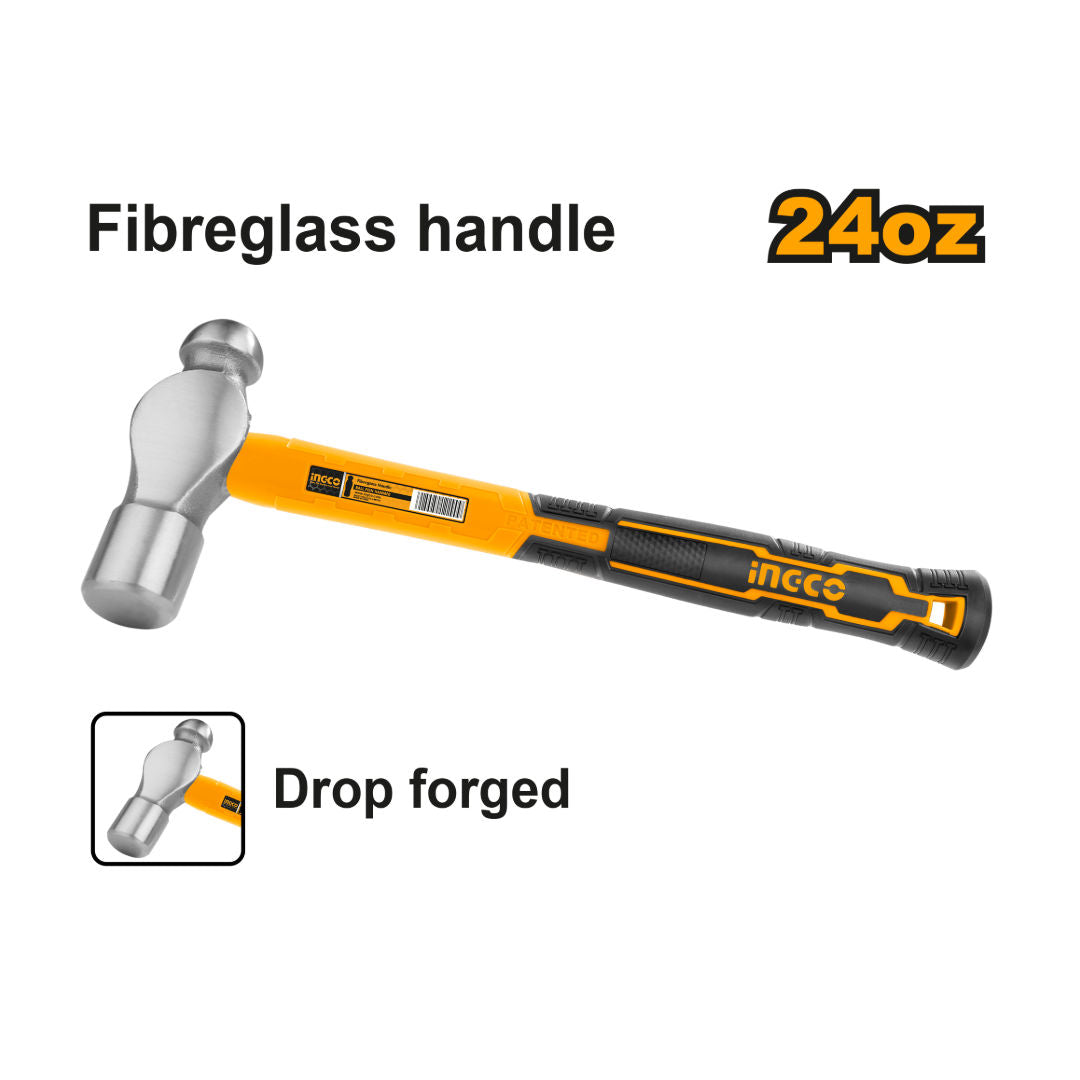 INGCO Ball Pein Hammer, 45 Steel Head, Fiberglass Handle