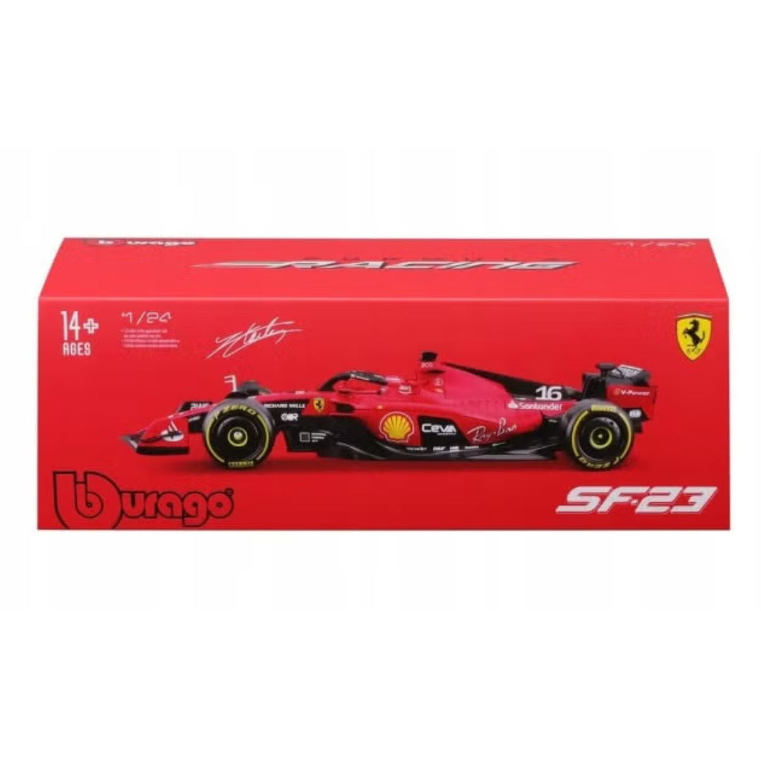 Bburago F1, Ferrari SF-23 #16, Charles Leclerc 2023, Die-Cast Car With Driver Helmet, 1:24, Red