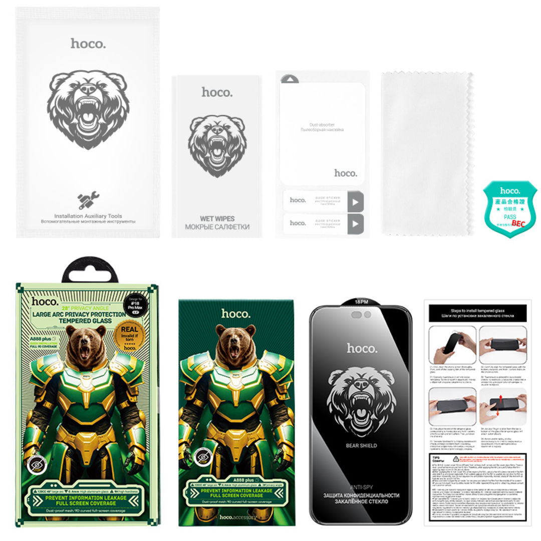 Hoco A888 Plus Bear Shield Series Full Screen Anti-Spy Tempered Glass for iPhone 18 Pro, Anti-Spy, Full Screen Coverage