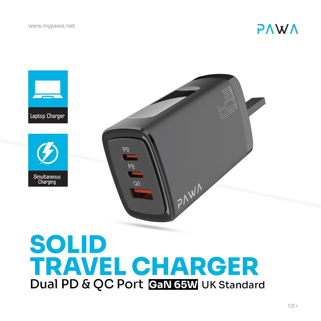 Pawa Solid Travel Charger Dual PD & QC Port GaN 65W UK Standard, Black