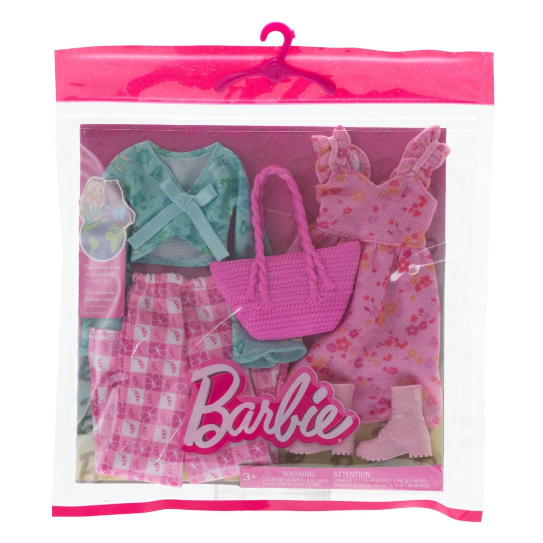 Barbie Clothes, Doll Fashions And Accessories Set Featuring 2 Complete Cottage Core Outfits, Including Floral Dress, Gingham Pants And More