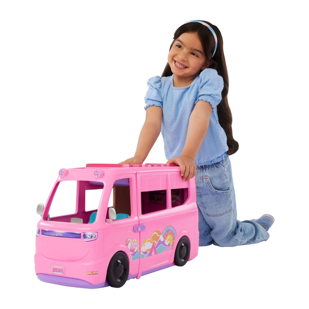 Barbie Dream Camper Playset, Roof Tent, Swing Chair, Fishing Pond, BBQ Grill with Color-Change & 60+ Accessories Model HRJ78