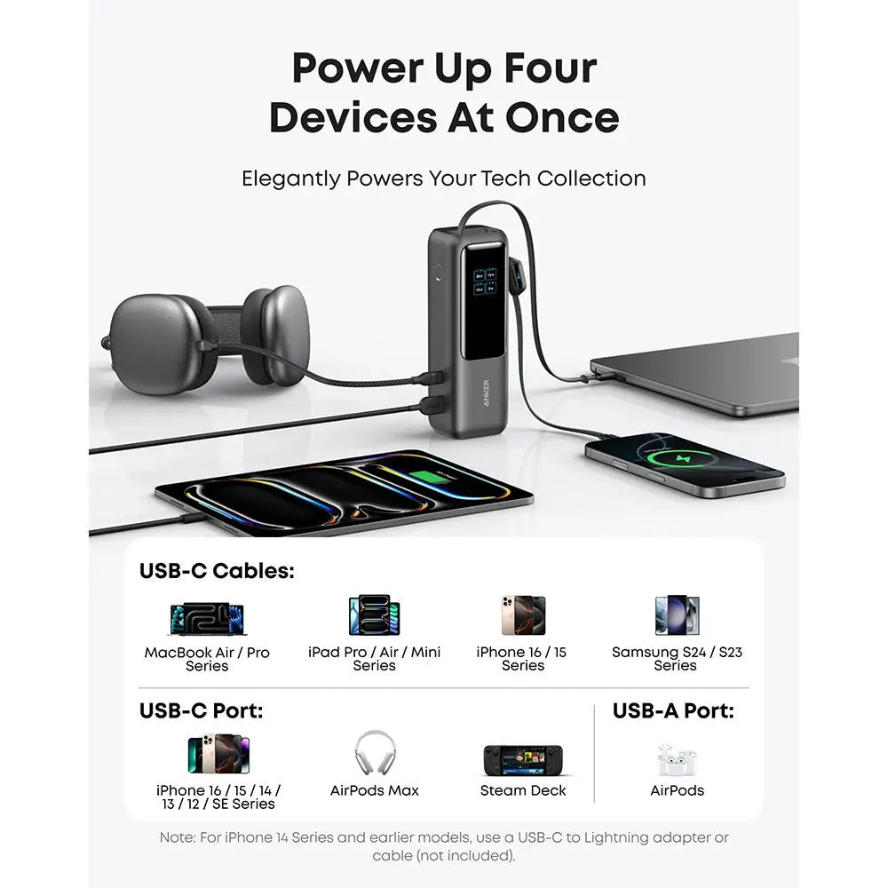 Anker Zolo 25,000mAh 165W Power Bank, Triple USB-C, Built-In Cables, Fast Charging, A1695H11