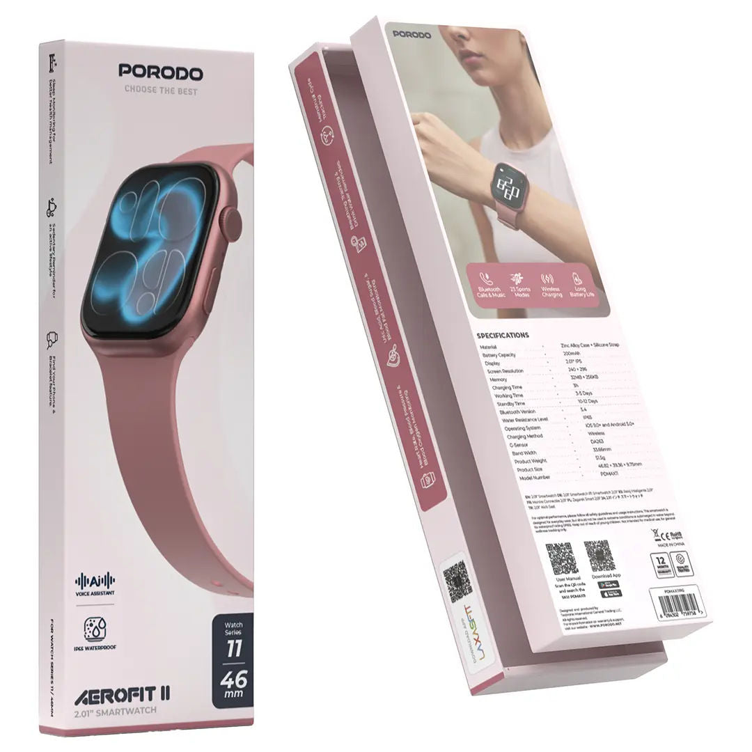 Porodo AeroFit II 2.01inch Display Smart Watch, Rose Gold