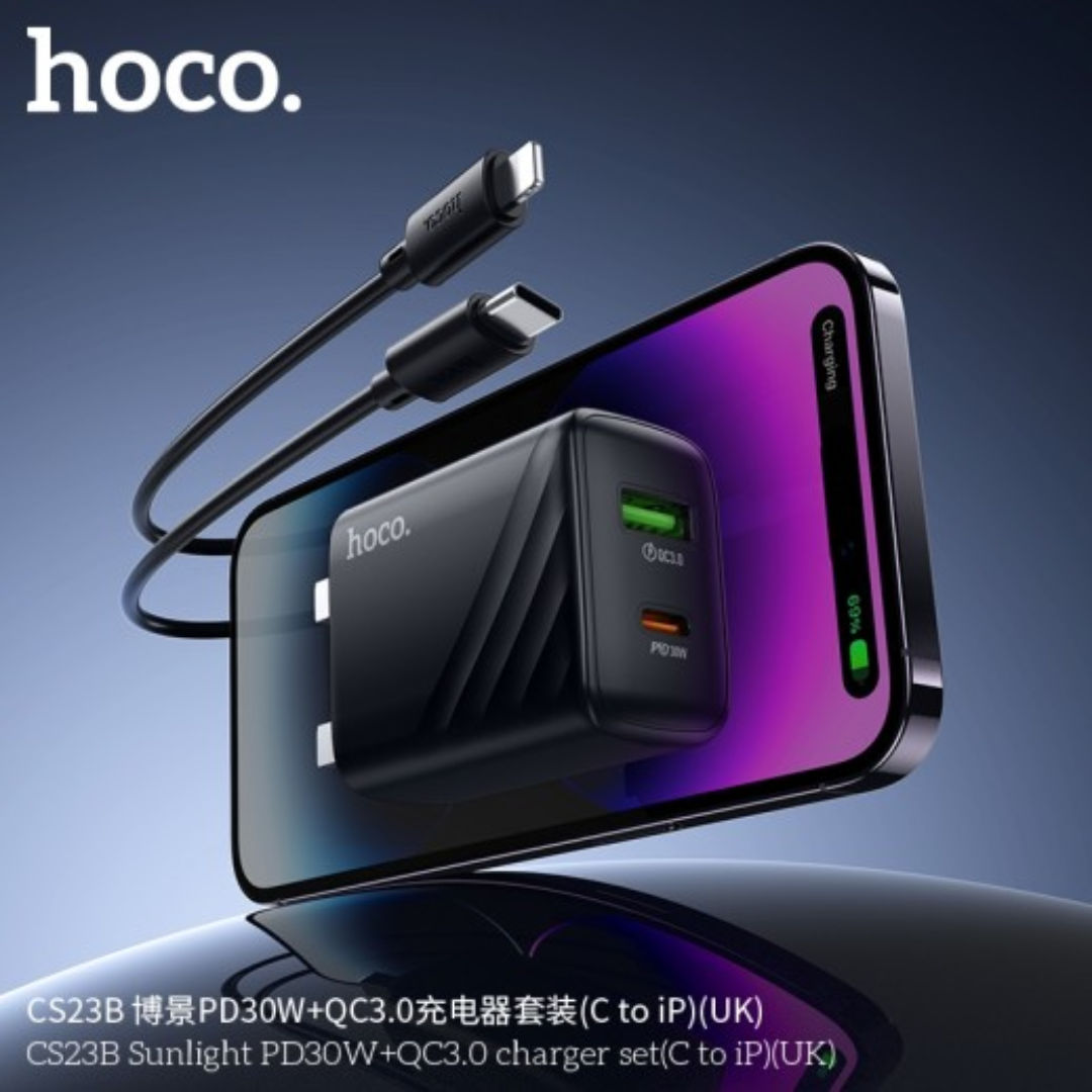 Hoco CS23B Sunlight PD30W+QC3.0 Charger Set with C to iP Cable, Black