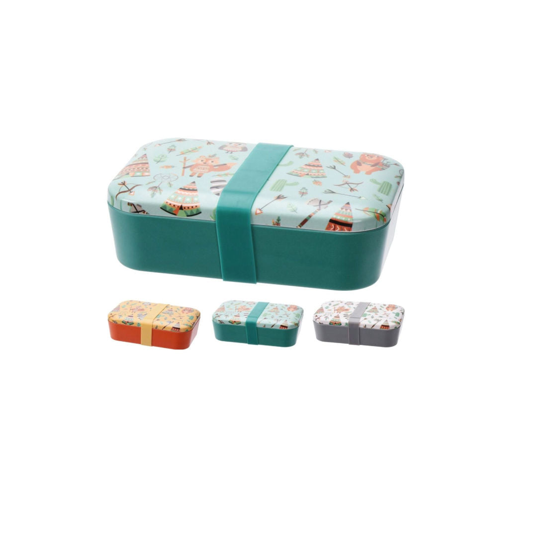 Bamboo Fiber Lunchbox with Green Silicone Band, Tipi and Animal Design