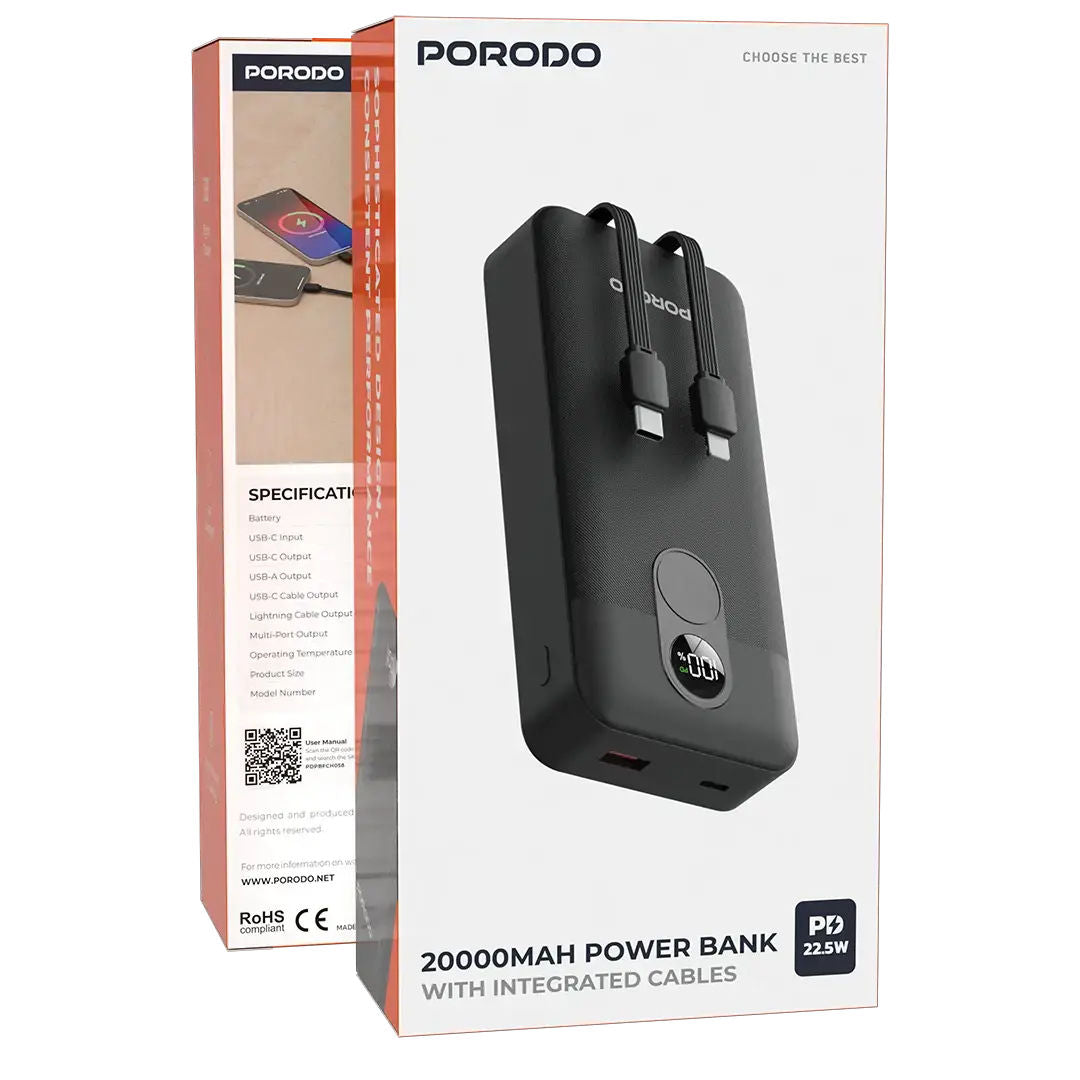 Porodo 20000mAh Powerbank with Integrated Cable, Black