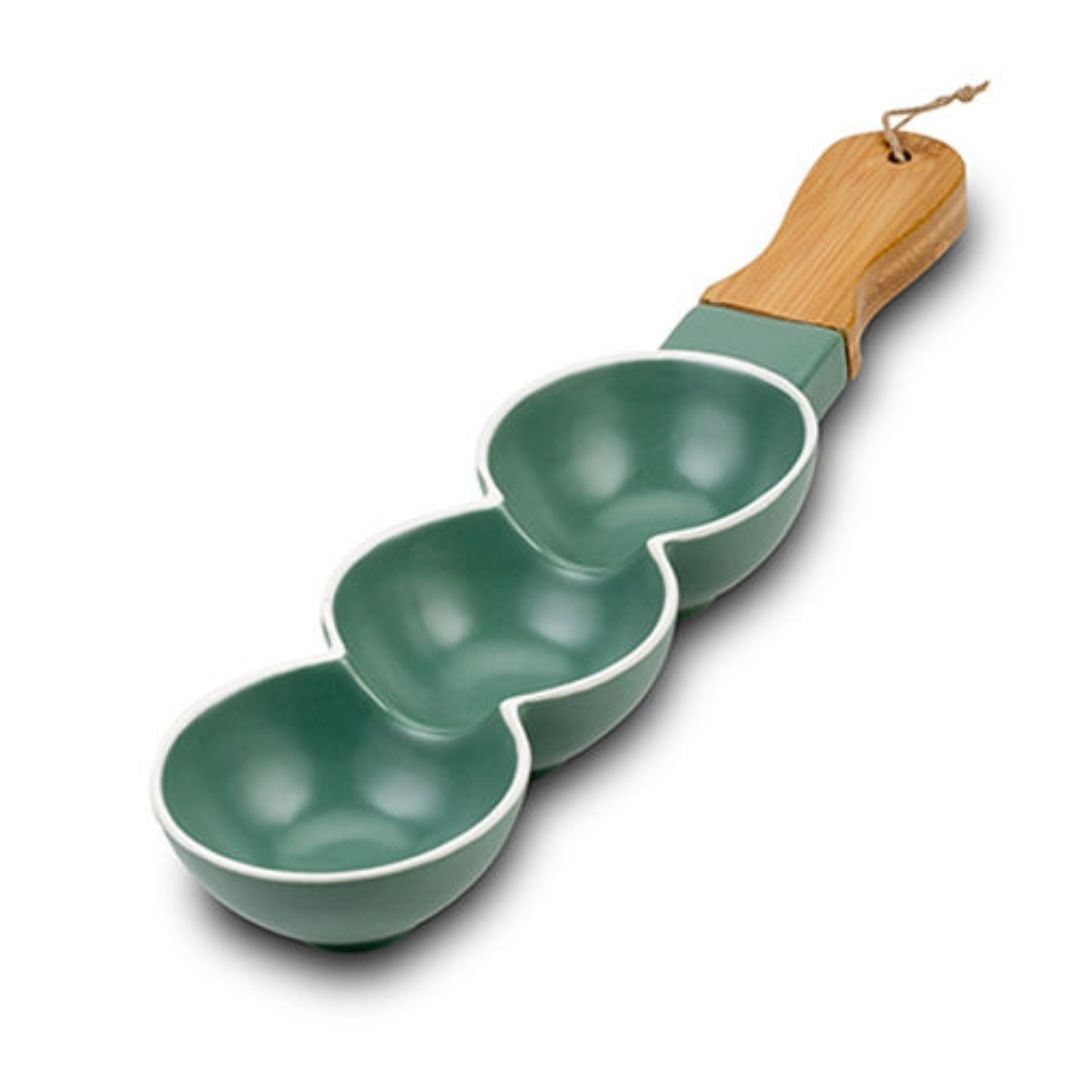 NAVA Three Section Porcelain Nut Bowl Terrestrial With Bamboo Handle, 41cm