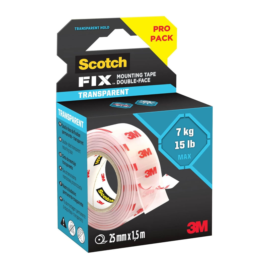Scotch-FIX™ Transparent Double-Sided Mounting Tape 25mm x 1.5m Heavy Duty Clear Adhesive Tape