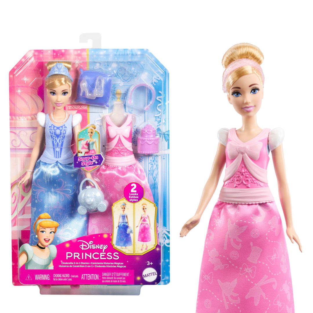 Disney Princess 2-in-1 Stories Cinderella Fashion Doll and Accessories, For Age 3+ Years