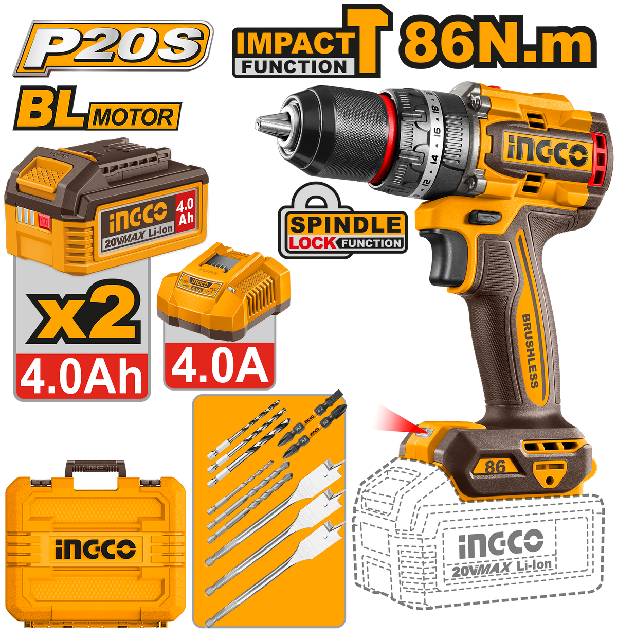 INGCO Cordless Impact Drill 20V 86Nm Brushless Dual Battery Kit