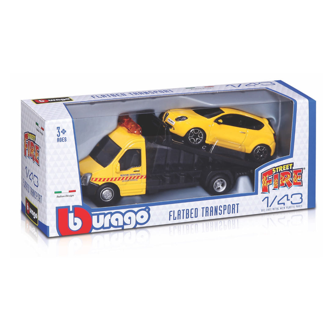 Bburago Street Fire Flatbed Transport with Car 1:43, Styles May Vary, 3+ years