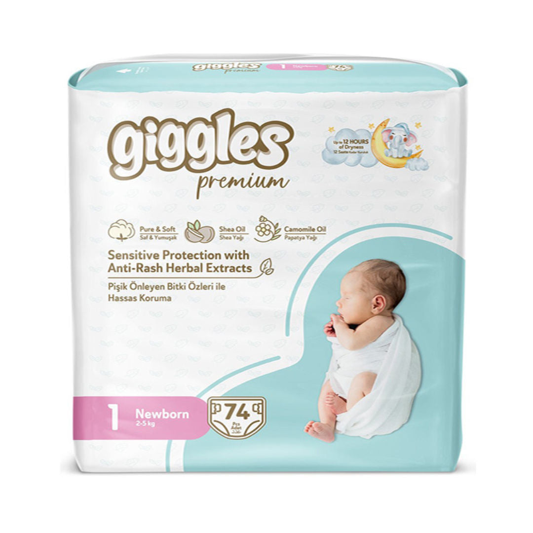 Giggles Premium Jumbo Newborn Diapers, Size 1, 2 to 5kg, Pack of 74