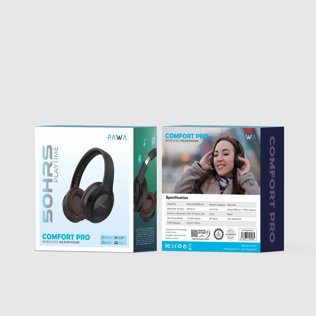 Pawa Wireless Bluetooth Headphone Comfort Pro, Black