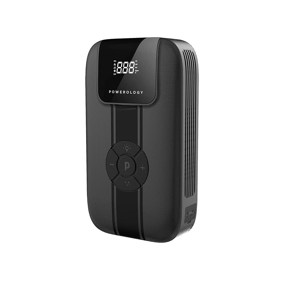 Powerology 11200mAh Jump Starter with Air Compressor, Power Bank & LED Light, 1200A Peak, USB-C Fast Charging
