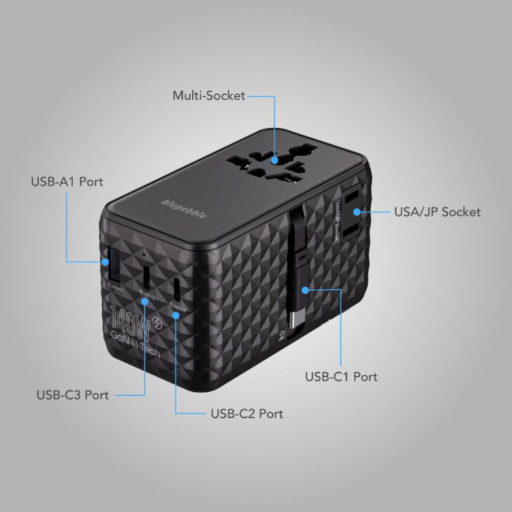 Blupebble Passport 7 World Travel Adapter with GaN Technology 140W + 2 USB-C + 1 USB-A with Retractable Cable, Black