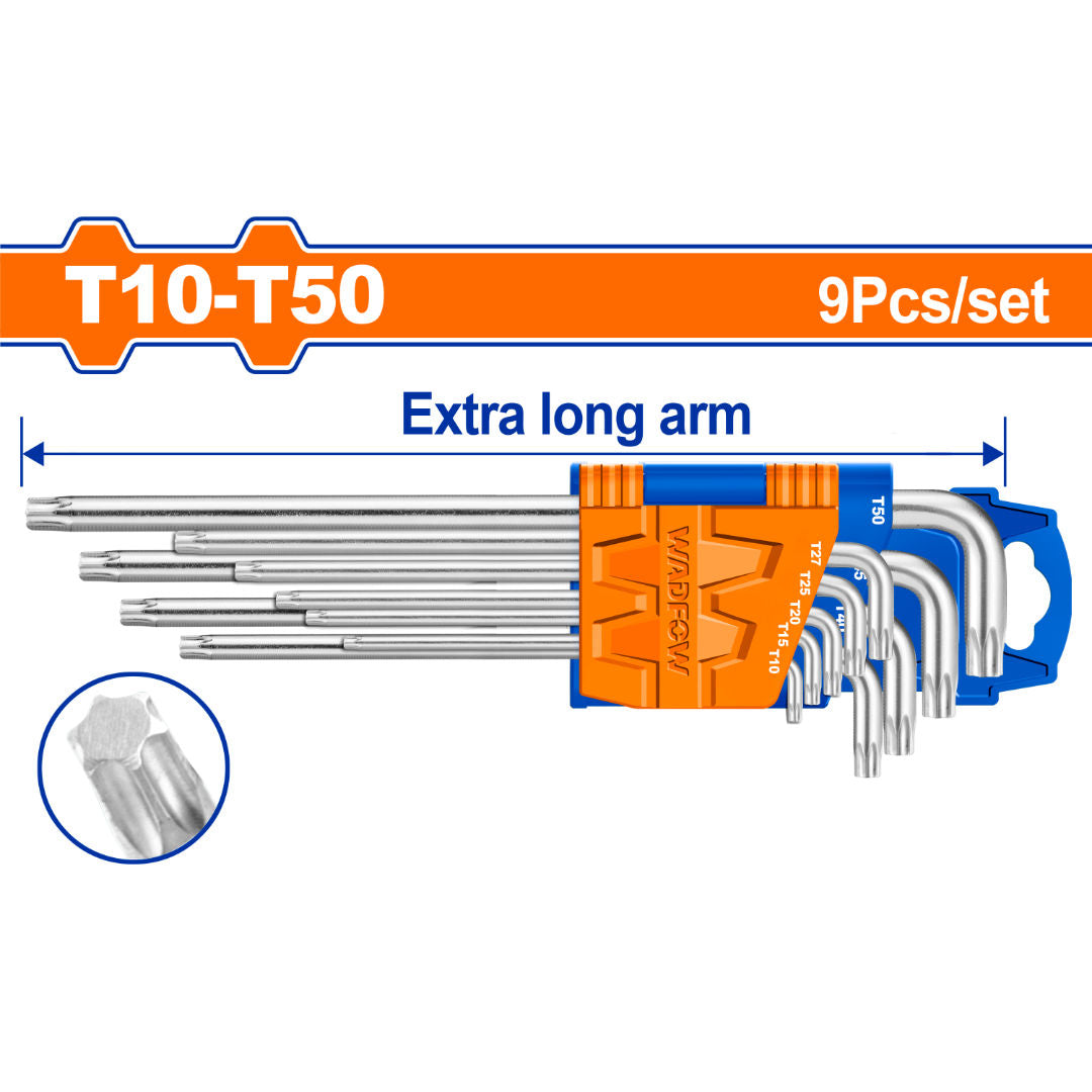 WADFOW Torx Key Set, 9 Piece, T10-T50, Cr-V, Chrome-Plated, Heat-Treated