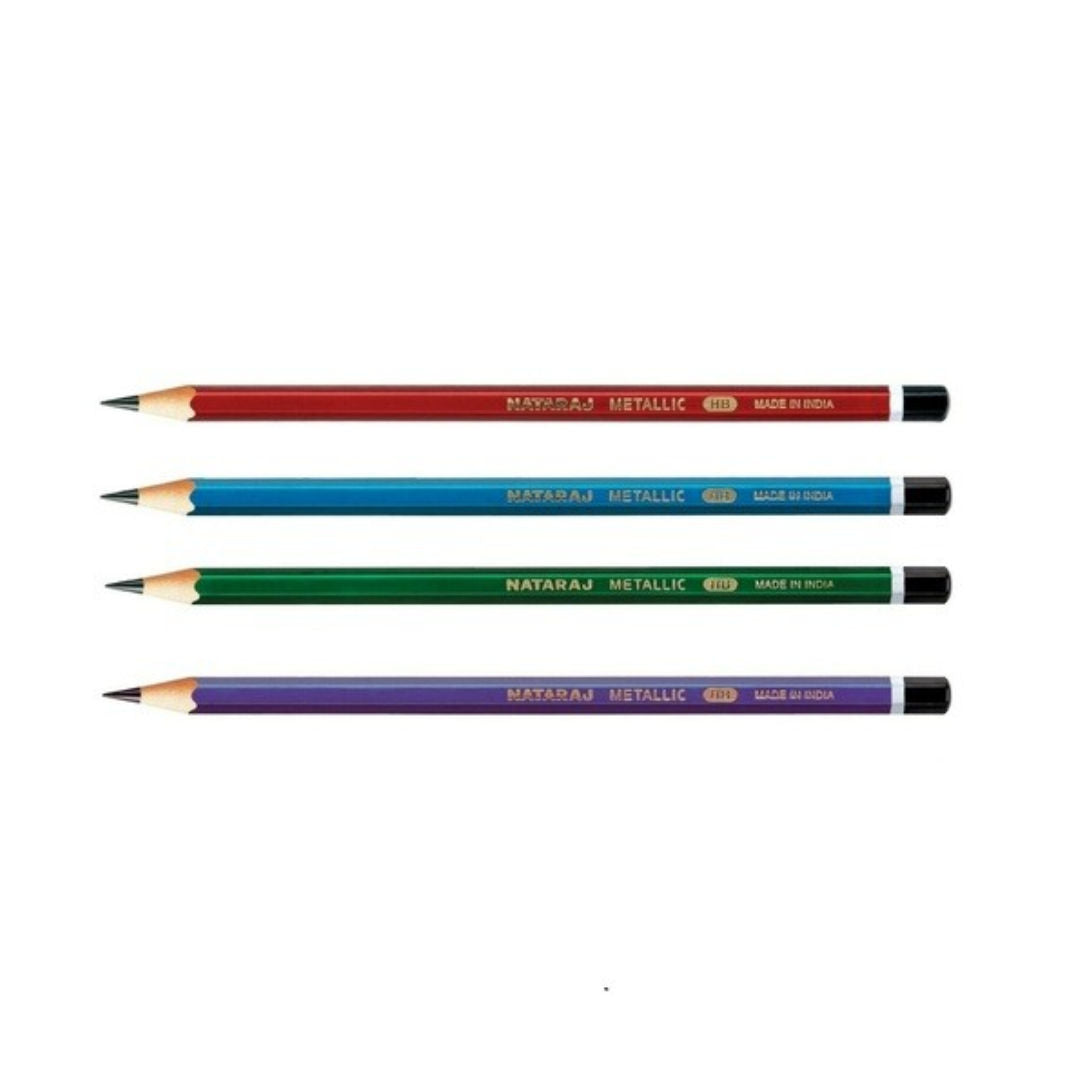 Nataraj Metallic HB Pencils, 12 Piece Pack with Sharpener & Eraser, Assorted Colors