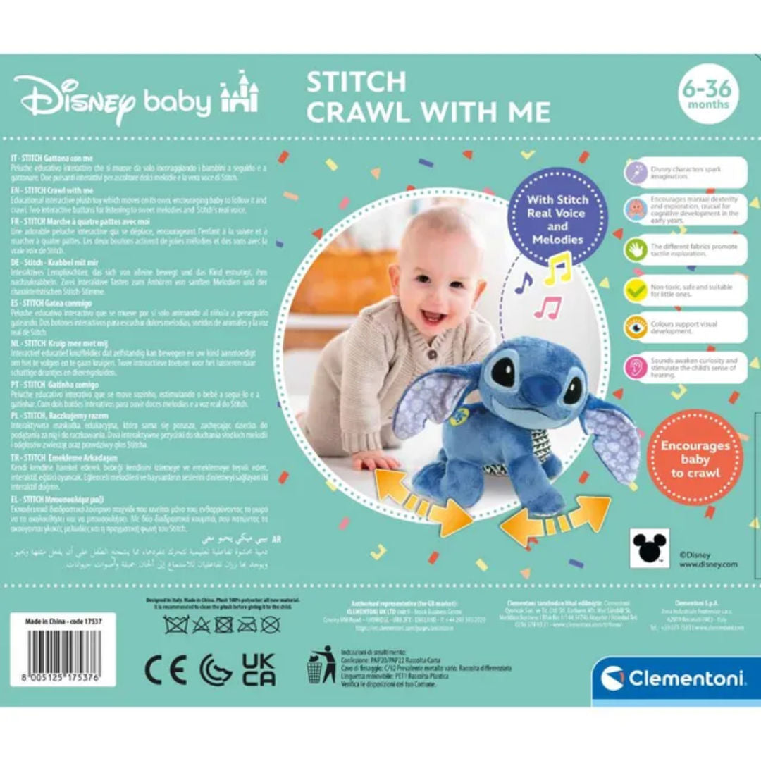 Clementoni Disney Baby Disney Lilo & Stitch Stitch Crawl With Me Interactive Plush Toy 23 x 16 x 26 cm, Blue, 6 Months to 3 year