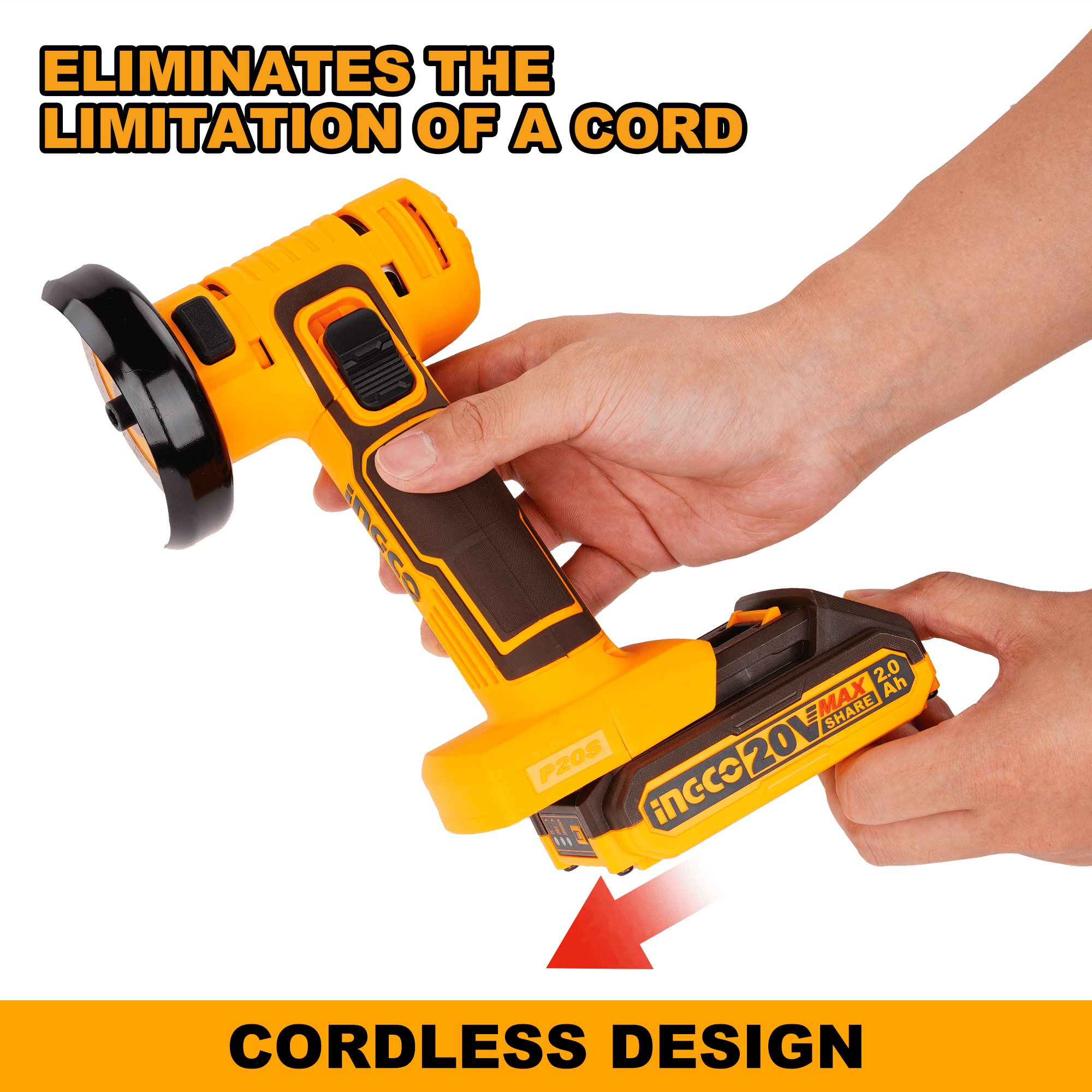 INGCO 20V Cordless Mini Cut-Off Tool Kit, 76 mm 3″ Discs, 19,500 RPM, 2.0Ah Battery, Charger & Carry Case
