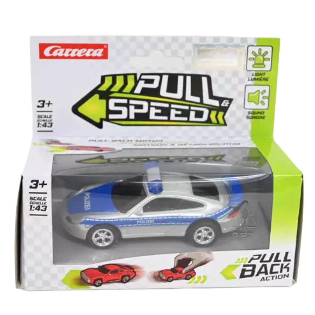 Carrera Pull N Speed Porsche GT3 Pull-Back Police Car 1:43, Silver/Blue, 3+ years