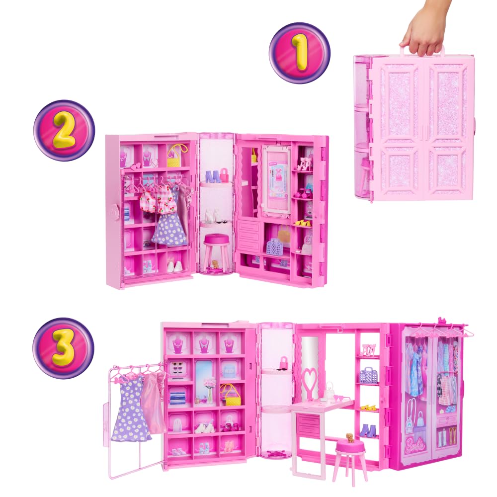 Barbie Dream Wardrobe Playset with Blonde Fashion Doll, 25+ Pieces, 3 Complete Looks, Model HXD58