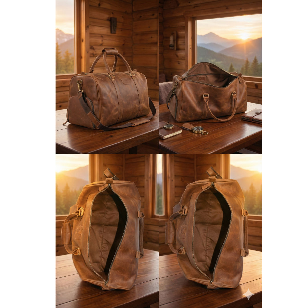 HMZ Premium Leather Gym & Luggage Bag, Full-Grain Leather Travel and Sports Bag