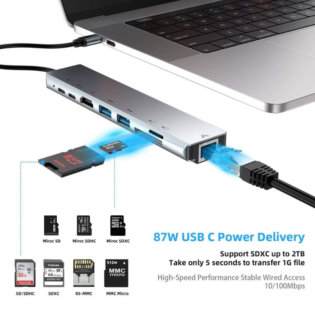 Infinyty XHub 8 in 1 USB Type C Multiport Adapter, Metallic Grey