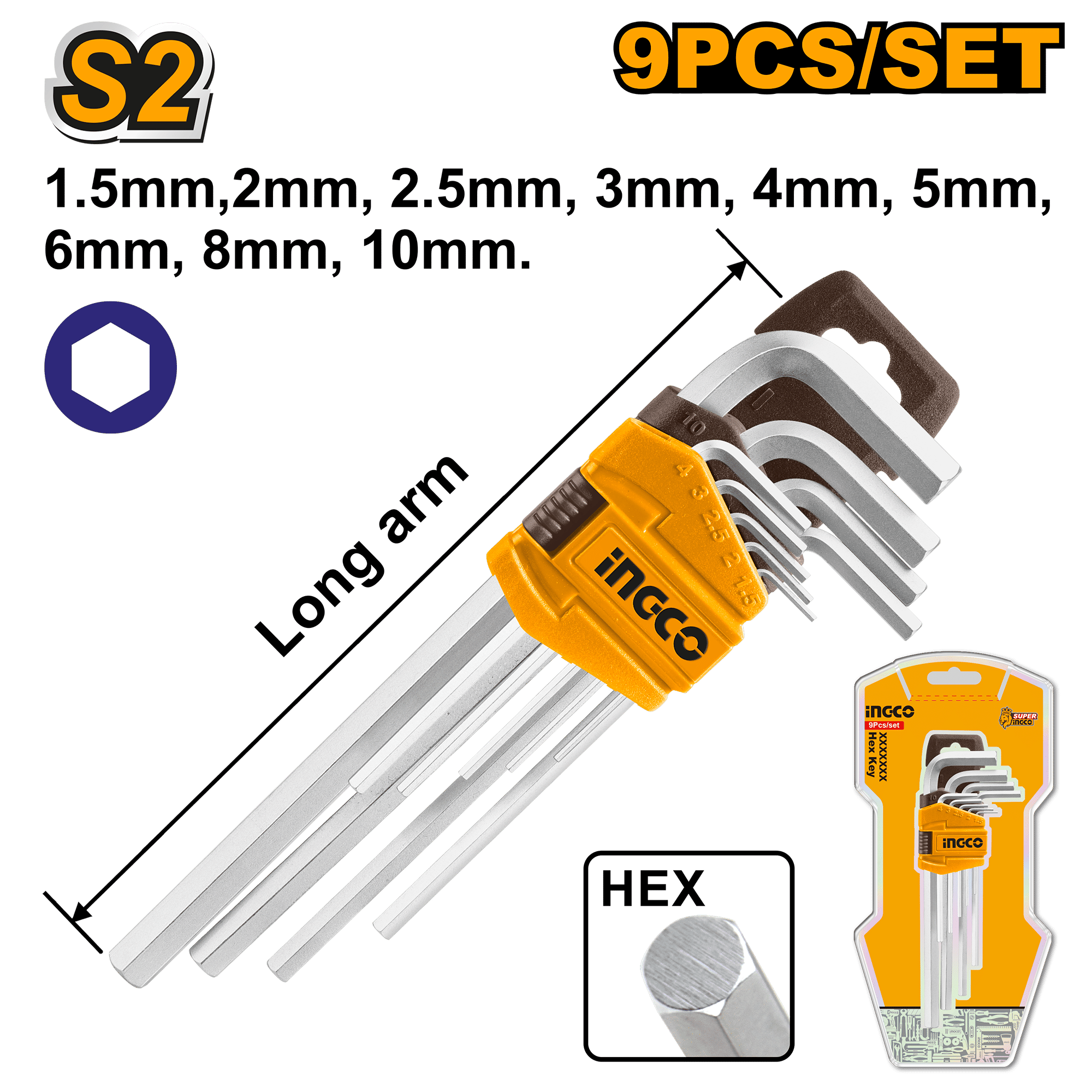 INGCO Hex Key Set 9-Pieces Extra Long Allen Key Set