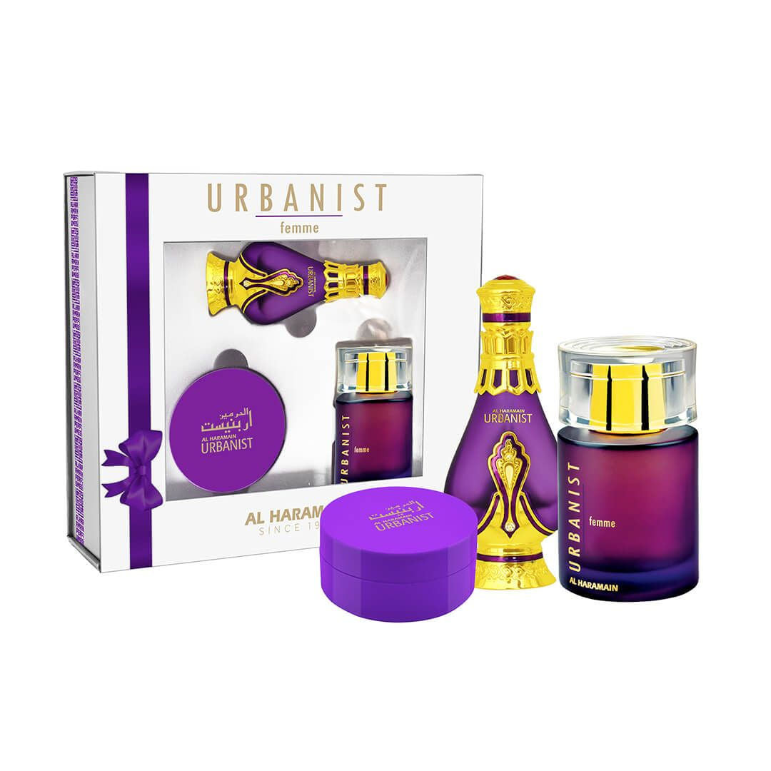 Haramain Urbanist Femme Giftset Haramain  Bukhoor 40gms, Concentrated Perfume Oil 20ml, Eau De Parfum 100ml