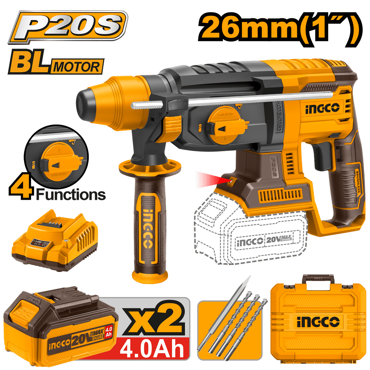 INGCO 20V Cordless Rotary Hammer, Brushless, SDS Plus, 2.5J Impact with LED Light, CRHLI202287