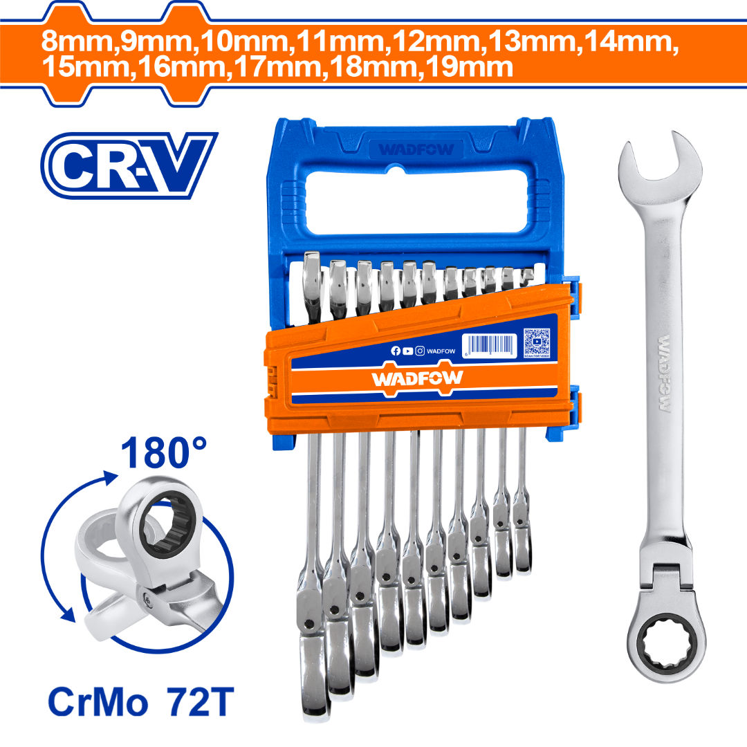 WADFOW 12 Pieces Flexible Ratchet Spanner Set, 8-19mm, Cr-Mo ratchet, Cr-V bodies